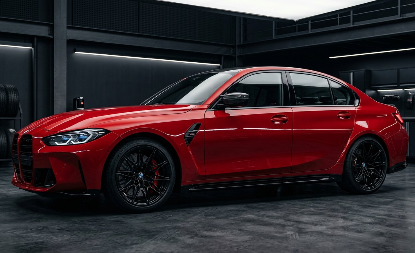 The same red luxury sedan after repair — doors restored to factory finish
