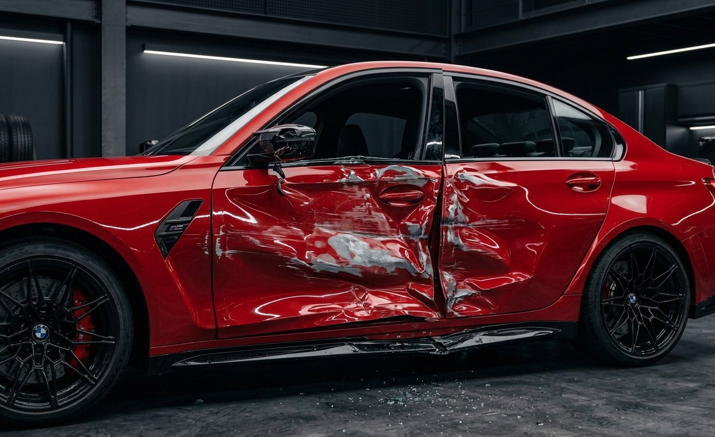 Red luxury sedan with severe side-impact door damage before repair