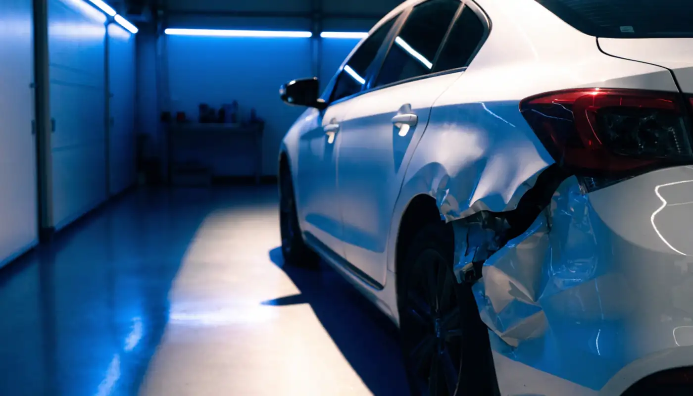 Sedan with rear-quarter collision damage in the repair bay