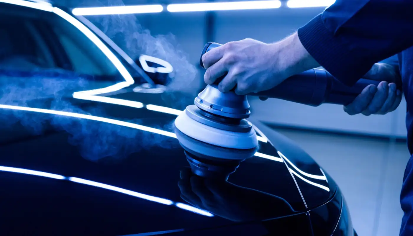 Technician polishing a hood to a mirror finish