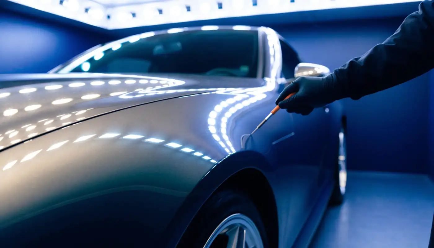 Sports coupe under inspection lights, paint-depth check