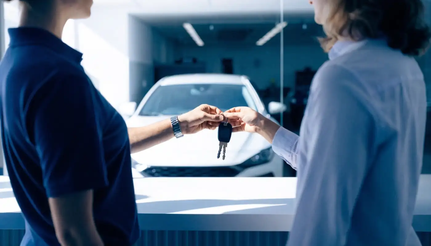 Service advisor handing over keys at the front desk