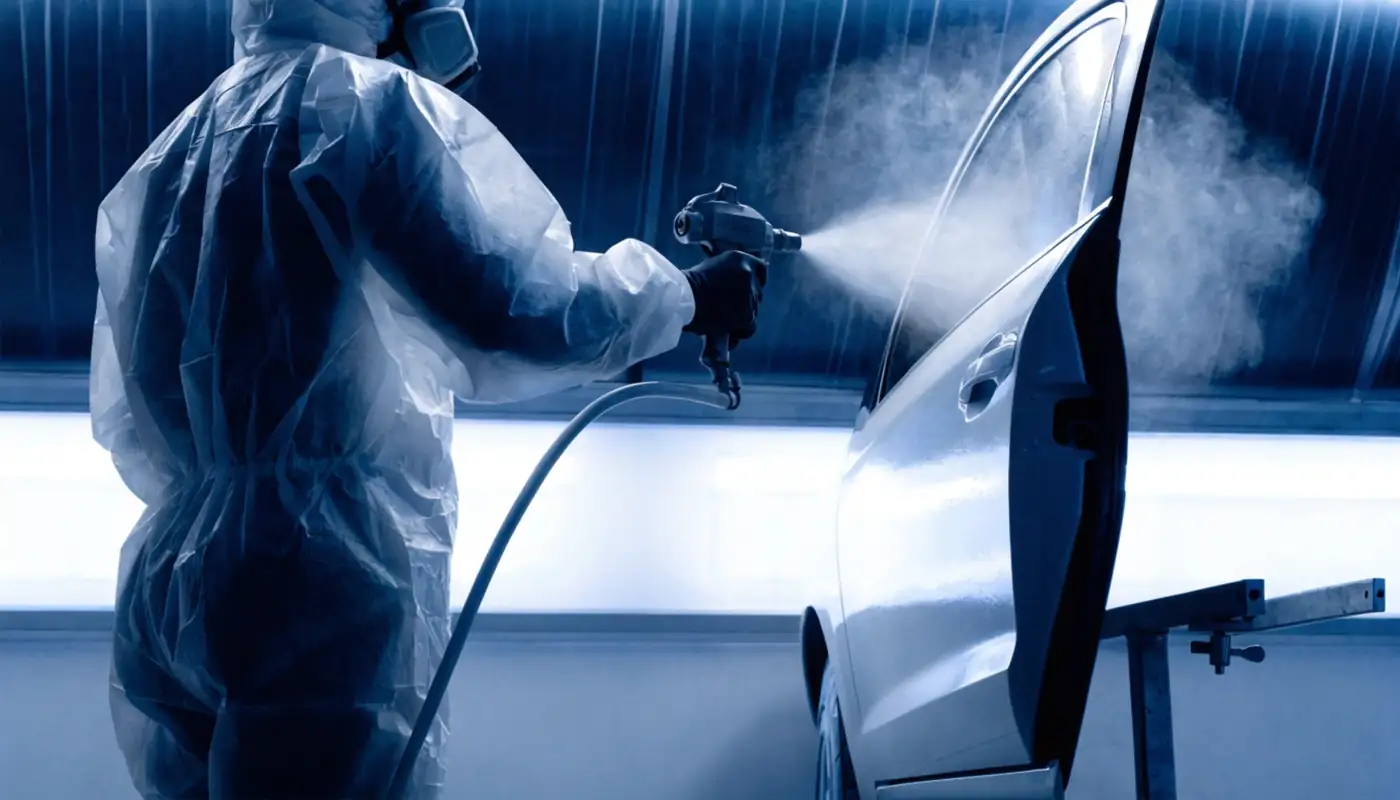 Technician spraying a car door in the downdraft paint booth