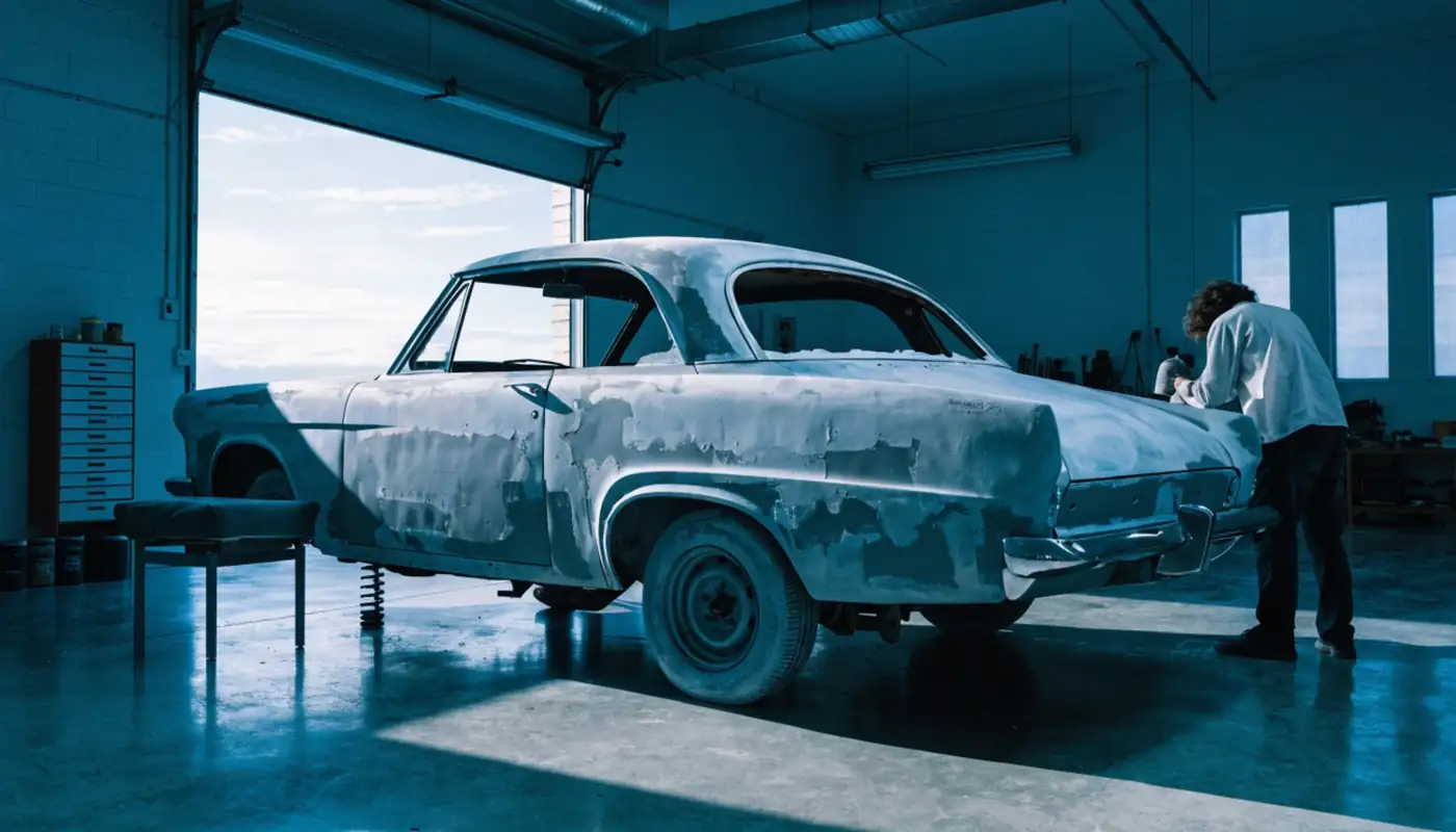 Classic coupe in primer during restoration